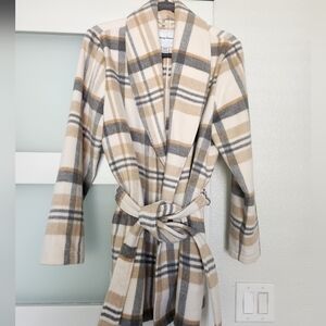 Tommy Bahama Cream, Tan & Gray Plaid Shawl Collar Coat